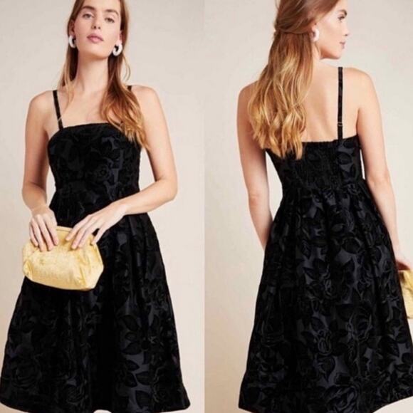 NEW Maeve Anthropologie Jonquil Black Floral Velvet Strapless Midi Dress - Picture 2 of 16